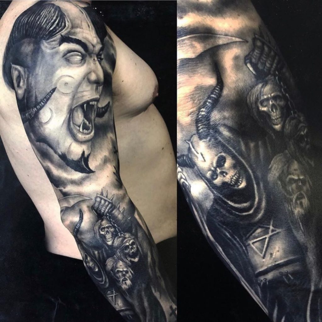 Pure Ink Tattoo - NJ - Ian Shafer - Black Grey Realistic Demon Tattoo